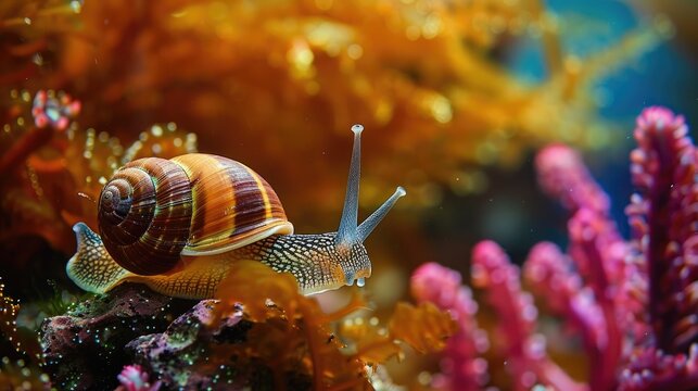 A snail moves leisurely on aquarium glass to feed on algae