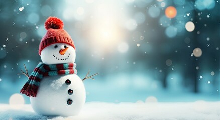A cheerful snowman in a red hat and scarf stands in a snowy landscape with a blurred background.