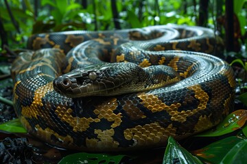Anaconda in the Amazon- A massive anaconda slithers through the dense vegetation of the Amazon rainforest