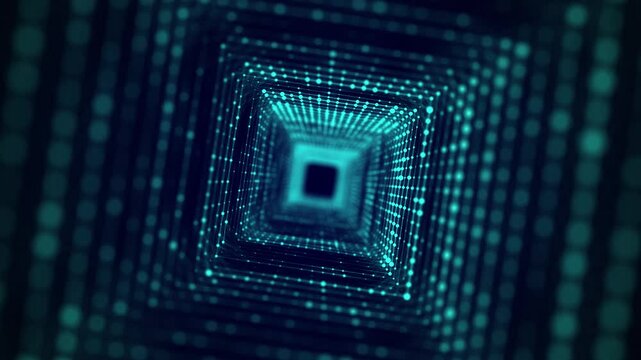 Cyber square tunnel consisting of moving glowing points. Futuristic infinite space background. Concept of data transfer in cyberspace. Hi-tech illustration. 3d rendering