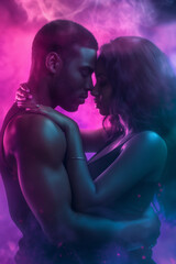 Ebony couple in love. Passion. African American. YA paranormal fantasy concept. Darkness with color burst. Mist, smoke, fog. Couple in love. Glowing light. Surreal epic fantasy dystopian love. 