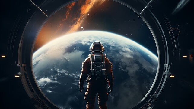 An astronaut is looking at the earth through space ship window 