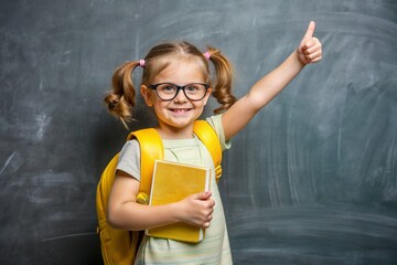 A girl with glasses shows the class with her hand. A child with a backpack and a book goes to school for the first time. A child on the background of a blackboard. Back to school.