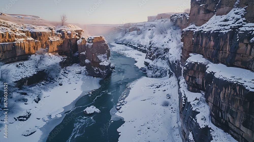 Sticker snow-covered canyon in winter with high cliffs picture