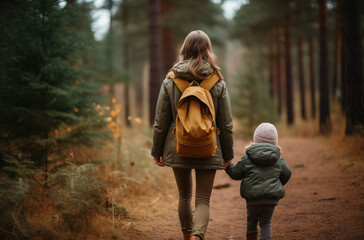 A mother and her child holding hands while walking on a serene forest path, surrounded by lush greenery and autumn leaves