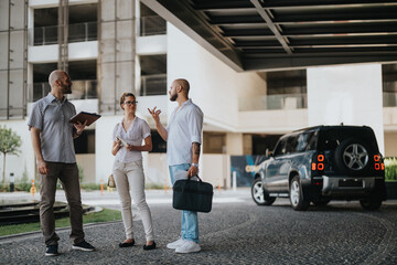 Three business professionals having a discussion outdoors in an urban setting, with a luxury car...