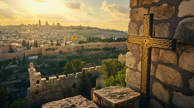 Christian cross and scenery of Jerusalim and Solomon Temple aka Al Aqsa in Israel.