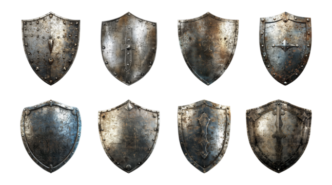 Collection of metal shield, defense protection shield isolated on a transparent background, cut out, PNG