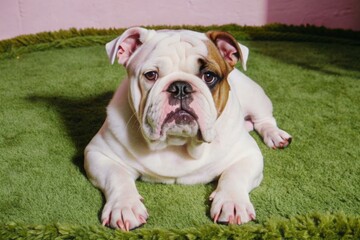 Fototapeta premium A large bulldog with a white coat and brown eyes