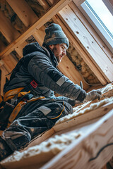 Fototapeta premium A Builder Installing Insulation In a New Roof Under a Cloudy Sky