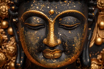 Obraz premium Buddha golden statue close up on dark background