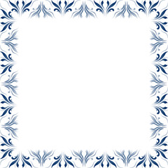 Blue leaves on white background. Folk floral frame vector illustration. Ethnic paisley square ornament. Vintage floral design element. Fantasy geometric shapes for decor clothes, home, etc.