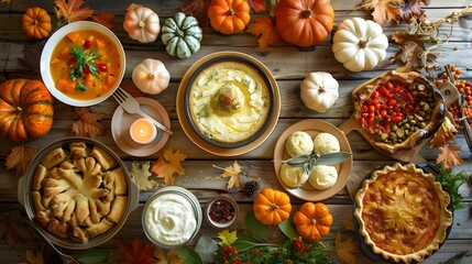Food on an autumn table with seasonal dishes img