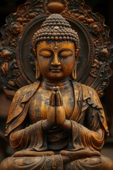Buddha golden statue close up on dark background