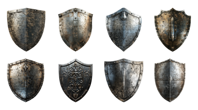 Collection of metal shield, defense protection shield isolated on a transparent background, cut out, PNG