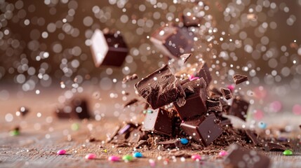 Floating Chocolate Bar with Colorful Sprinkles in Mid-Air. Generative ai.