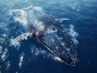 Fototapeta premium Blue Whale in the Ocean- A blue whale glides gracefully through the deep blue waters of the open ocean