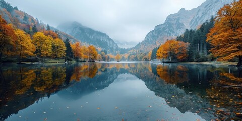 A picturesque autumn landscape featuring a serene lake reflecting vibrant fall foliage and majestic mountains under a misty sky