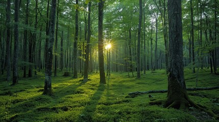 Obraz premium A serene, sun-dappled forest landscape with lush green foliage and tall trees, showcasing the peaceful beauty of a tranquil natural environment
