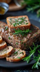 A delectable serving of a meticulously arranged savory terrine garnished with fresh rosemary and accompanied by thinly sliced artisan bread