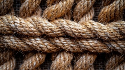 Fototapeta premium Detailed Close-Up of Interwoven Thick Rope Cords Displaying the Intricate Texture and Sturdy Fibers in Various Shades of Brown, Emphasizing Strength and Durability