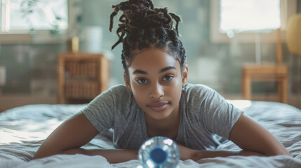 Naklejka premium Young Multiracial Teenage Girl Drinking Water While Studying at Home - Concept of Hydration and Concentration. Generative ai