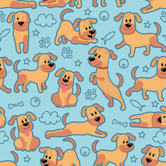 Seamless pattern of cute dogs in motion on a blue background. Textiles for baby.