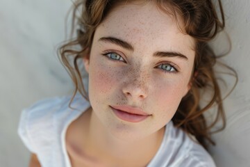 Naklejka premium Young Woman With Freckles Looking Up