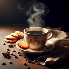 a cup of hot tea or coffee on the table dark background with cookies and sweets vintage cups, selective focus