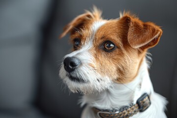 A close-up image of an attentive and curious small dog with a brown and white coat, sitting indoors with a blurred gray background