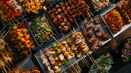 A buffet with an assortment of mini-kebabs pieces img