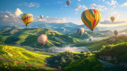 Obraz premium Hot air balloons over green hills picture