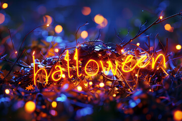 The word "Halloween" written in flames, reflecting on a dark, smoky background.