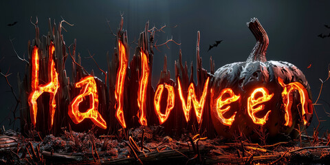 Glowing Halloween text with a burnt pumpkin in a dark, eerie setting, perfect for spooky holiday decorations.