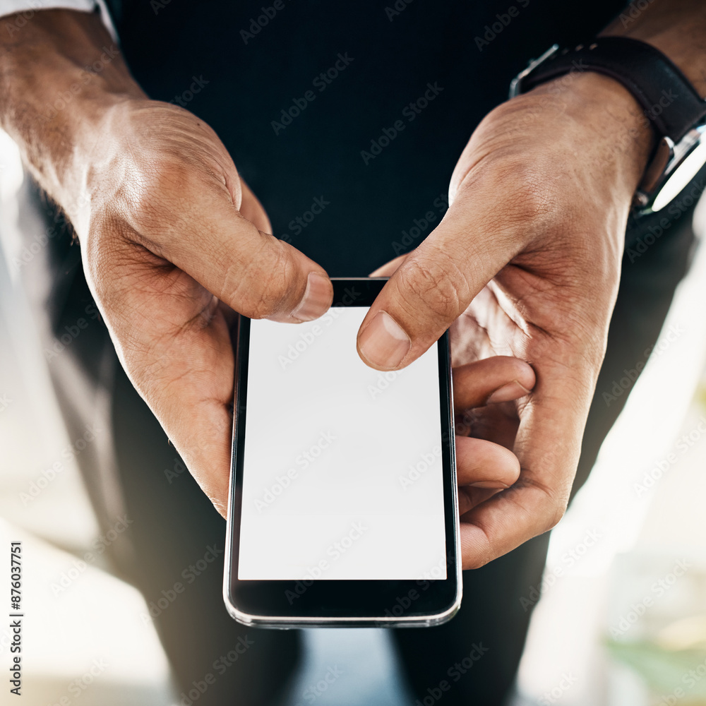 Poster screen, hands and typing with cellphone, display and pre approved loan for small business, email and