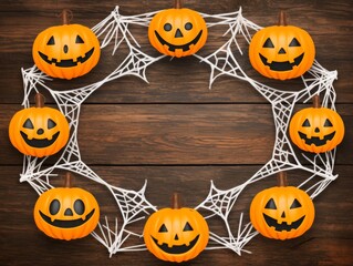 Halloween pumpkin faces arranged in a circular pattern with spider webs on a wooden background