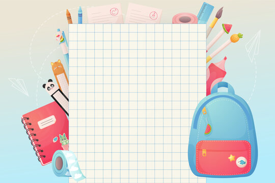 School template, poster banner. Place for text. Cartoon backpack and school supplies, on background of notebook sheet in cell.
