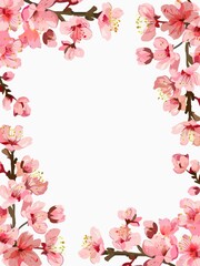 Floral frame of cherry blossoms on white background. Summer greeting design, beautiful pink flowers on white background with copy space.