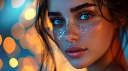 Closeup Portrait of a Woman With Glitter on Her Cheeks