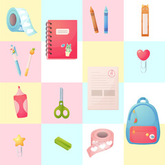 Seamless pattern, school supplies. Cartoon, vector. back to school square