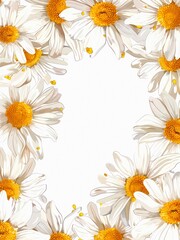 Fototapeta premium Floral frame of chamomiles on white background. Summer greeting design, beautiful daisies on white background with copy space.