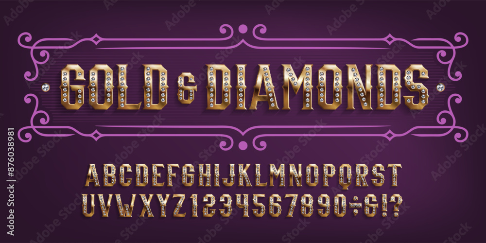 Fototapete gold and diamonds alphabet font. 3d golden letters and numbers with diamond inlays. stock vector typ