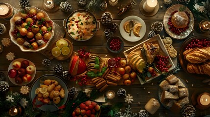 Food on a winter table with festive snacks