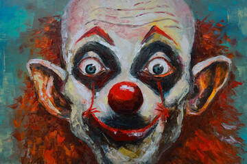 Oil portrait of a scary clown with white make-up on his face and red hair