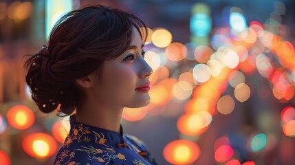 Vietnamese Woman in Traditional Dress at Night