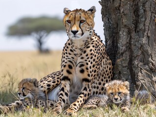 Cheetah and Cubs- A mother cheetah rests in the shade of a tree on the African savanna