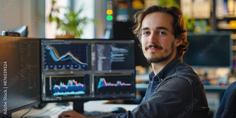 Poster being a software developer involves working on multiple monitors with a focus in a modern office env