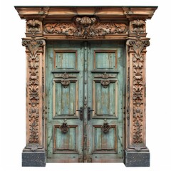 Old door isolated, antique gates, wood enter, vintage wooden doors, closed gateway, elegant entrance