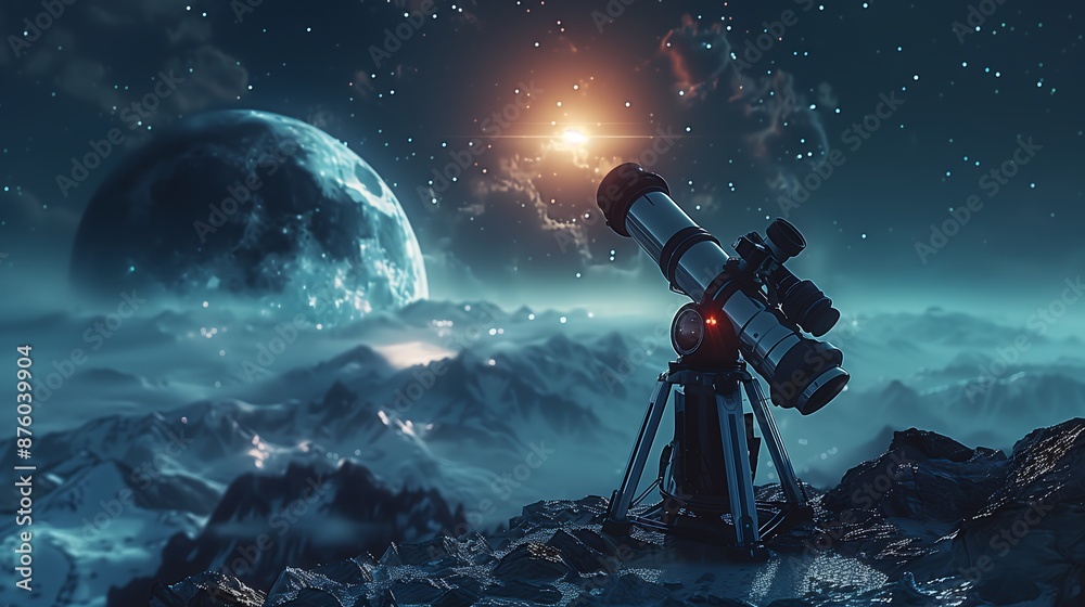 Wall mural telescope on mountain top with giant moon and clouds in background ai generated