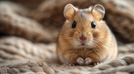 Adorable close-up of a curious hamster with big eyes and whiskers sitting on a textured, woven surface, showcasing its cute and furry features